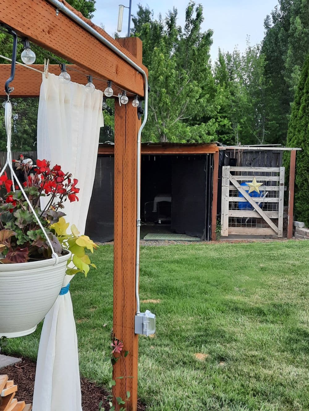 Garden scene featuring a hanging flower pot and a shed with a star design on its door.