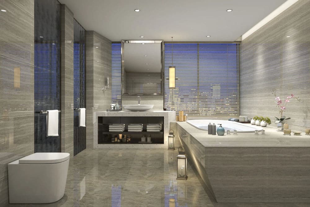 Modern bathroom with marble finishes, freestanding tub, and sleek fixtures in a tranquil setting.